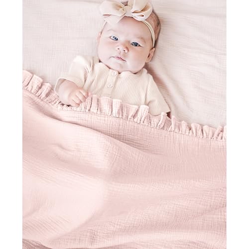 Image of Konssy Flounce Muslin Baby Blanket for Girls Boys, 100% Cotton Soft Crib Swaddle Blankets, Reversible & Breathable Nursery Bedding for Newborns Toddlers, 43 x 39 Inches (Baby Pink)
