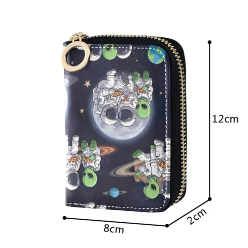 Cute Card Holder Wallets RFID Blocking Women's Wallet Leather Small Travel Cash Wallet with Coin Pocket Astronauts Green Aliens Starry3