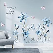 wondever Blue Lily Flower Wall Stickers Floral Butterfly Peel and Stick Wall Art Decals for Living Room Bedroom TV Wall