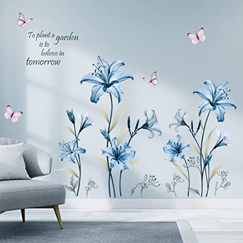 wondever Blue Lily Flower Wall Decals Floral Butterfly Wall Stickers by wondever - Used condition - US$11.05