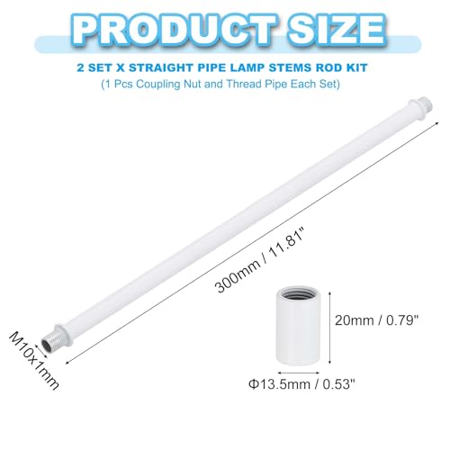Image of PATIKIL Straight Pipe Lamp Stems Rod Kit, 2 Set M10 Carbon Steel 300mm(11.81 inch) Long Double End Thread Rod with Coupling Nuts Sleeve Connector for Table Lamps Chandeliers,White