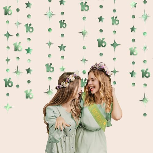Image of Sage Green Number 16 Circle Dot Twinkle Star Garland Hanging Streamer Bunting Banner Backdrop Decorations for Girls Happy 16th Birthday Sweet Sixteen 16th Anniversary Cheers to 16 Years Party Decor