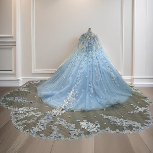 Mouccy Princess 3D Flowers Quinceanera Dresses with Cape Off Shoulder Lace Sweet 16 Dresses Tulle Puffy Vestidos De 15 Aos2