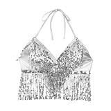 Größe:50-65cm CHUYIX Damen Glitzer Pailletten Crop Top 1 Stück Fransen Quaste Bandage Tank Top Strappy Backless Tube BH Paillett Neckholder Weste Ärmellos Bandeau Top Sexy Trägerlos Tube Top