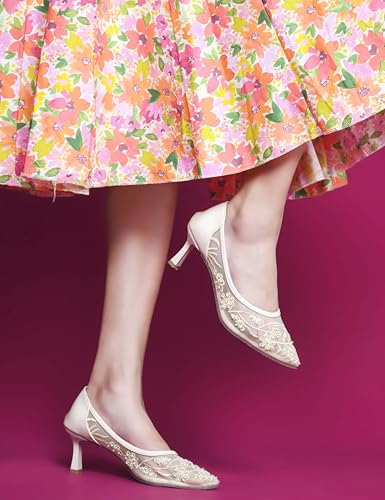 Image of TRYME Floral Embroidered Stiletto Heels for Women | Elegant Mesh High Heels with Stylish Feminine Design