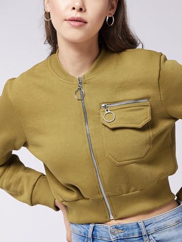Image of Miss Chase Women's Off White V-Neck Full Sleeves Bomber Cropped Jacket