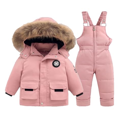 Renholin Tuta da neve isolata a 2 pezzi per bambini e bambine, con cappuccio rimovibile e pantaloni da neve, Colore: rosa., 3-4 Anni