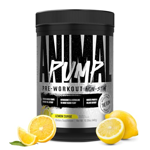 ANIMAL Pump Non-Stim Pre Workout Powder- preentrenamiento sin cafeína para energía, concentración y desarrollo muscular, beta alanina, citrulina, nitrosigina y nootrópicos, Lemon Surge, 442 g
