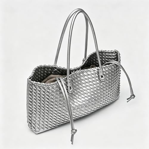 Image of Woven Leather Tote Bag For Women Crossbody Shoulder Bag Large Hobo Handbags Vegan Female Bag Vegetable Basket