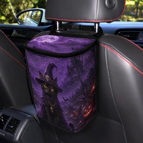 Image of Talayituse Purple Witch Black Cat Print Car Trash Can Portable Auto Garbage Bin Multifunctional Vehicle Interior Accessories with Adjustable Straps Universal Fit Truck SUV Sedan Halloween Decor
