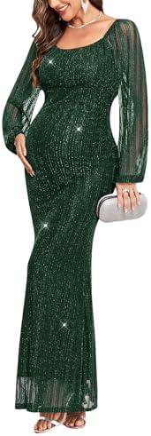 AISWI Sparkly Mesh Maternity Dress Long Sleeve Square Neck Baby S...