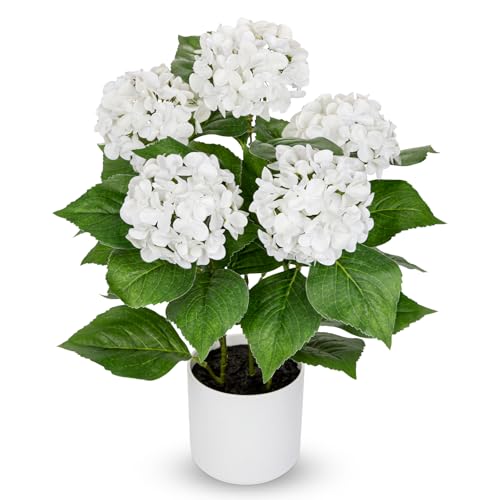 Image of Briful Hydrangea Artificial Flowers in Pot - 19.6" Tall Faux Hydrangea Plants with 4.7" Flower Heads - Real Touch Hydrangeas White Artificial Flower for Living Room, Bathroom, Home Decoration