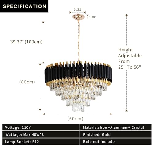 Image of One94Store Black Mamba Modern Crystal Chandelier Ceiling Light 600MM, Tricolour LED (Warm, Cool, Natural), Black & Gold Luxury Jhumar for Living Room, Dining, Bedroom