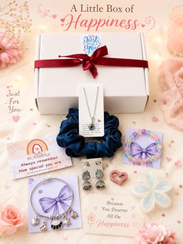 Image of Mei & More Birthday Gift Combo for Girls & Women - Scrunchie, Bow Hair Claw, Flower Clip, Beaded Charm Bracelet & Korean Pearl Earrings | 8-Piece Fashion Jewelry & Hair Accessory Gift Set for Women & Girls, Random Colours & Designs