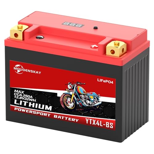 MOUDENSKAY Batería de Litio Para Moto, Bateria Litio 12v Motocicleta con BMS, 32WH 2.5Ah 180 240CCA YTX4L BS LiFePO4 Motor de Arranque de la Batería Para Motocicleta, ATV, UTV, 4 Wheeler, y más