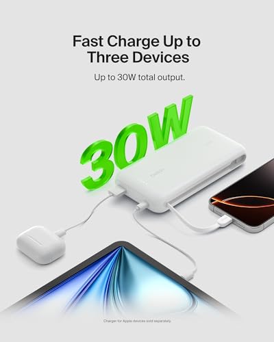 Image of Belkin Power Bank with Integrated Cable, Fast Charging USB-C, 20000 mAh 30W, Portable Charger Power Bank USB C for iPhone 17, Air, Pro, Pro Max, iPad, AirPods, Apple Watch, Galaxy S25, & More - White