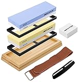 Abziehstein Schleifstein Set für Messer, 2-in-1 Wetzstein Doppelseitiger Körnung 400/1000 3000/8000 , mit Rutschfeste Bambusbasis, Silikonhalter Abflachungsstein, Lederstreifen und Winkelführung