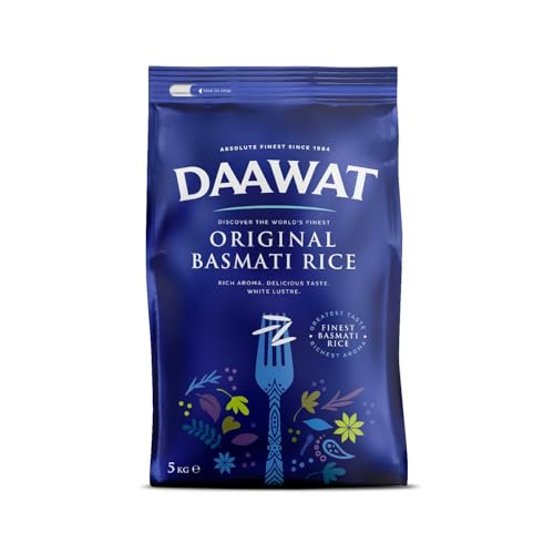 Daawat Original Basmati Rice with Rice Aroma, Delicious Taste, White Lustre,Perfectly Aged, Aromatic & Textural Grain, Rich Flavour with Sweet Taste, Ideal for all types of Dishes - 5Kg