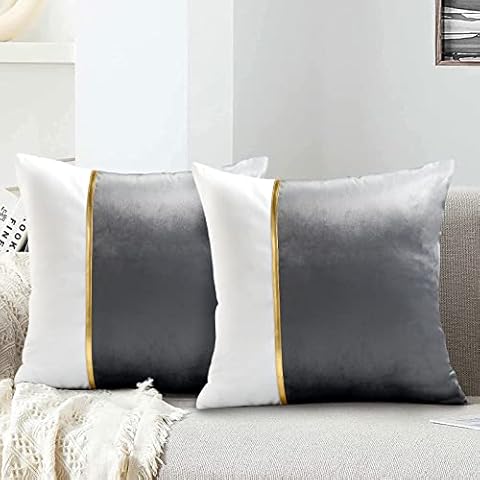 Set of 2 Decorative Cushion Covers 45 x 45 cm Velvet Cushion Covers White and Grey Patchwork Gold Leather Luxury Cushion Cover with Concealed Zip Couch Cushion for Sofa Bedroom Car Cover