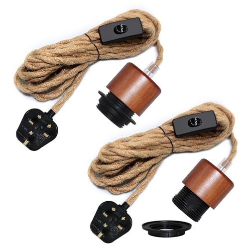 Image of WPQIUZS 2 Pack Hemp Rope Plug in Pendant Lighting, 500CM Cable, E26/E27 Lamp Holder with Switch, Plug in Ceiling Light, Industrial Hanging Rope Light Fitting, Rural Homestay Style, DIY Lampshade