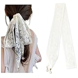 Kefley Lace Hair Ribbon Scarf Ties for Women Girls Edge Hair Scarf Headband Off-White Beige Bandanas Headbands for Women Ponytail Ribbons Lace Neckerchief Handbag Handle Wrap Head Band Hairbands