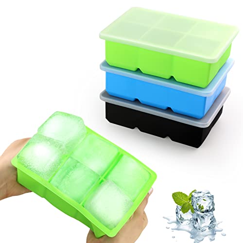JOPHEK Bandejas de Cubitos de Hielo Cuadrados Grandes de 4,8cm, 3 Piezas 18 Cubos Silicona Moldes con Tapa, para Cócteles, Whisky, Vino, Frutas, Puré de Frutas
