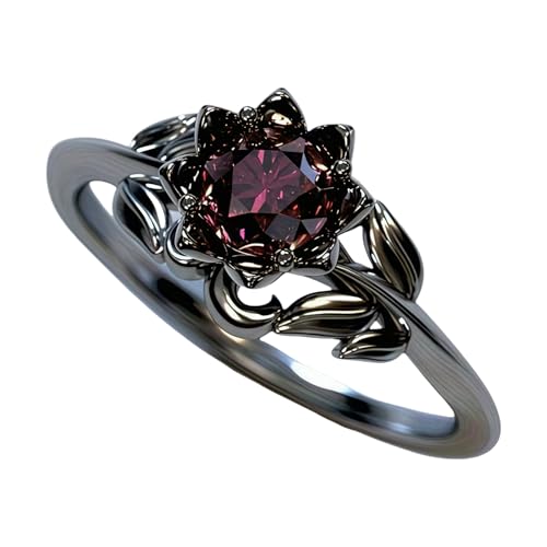 Cubic Zirconia Rings For Women, Gothic Ring Black Flower Crystal Stackable Trendy Floral Eternity Travel Engagement Statement Wedding Birthday Jewelry Gift (Goth Black Red, 8)