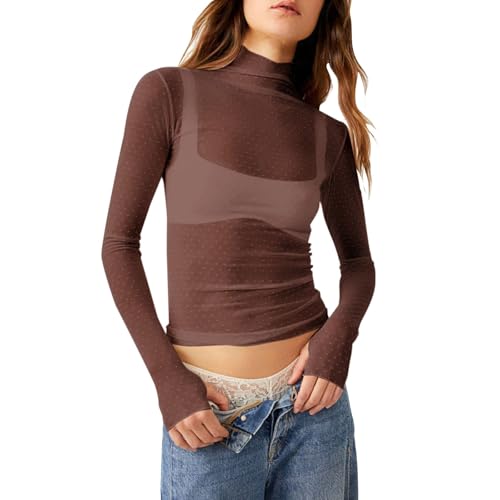 Parte superior de malla para mujer, corte ajustado, cuello alto, parte superior de malla transparente, camiseta de manga larga, cuello alto, café, M