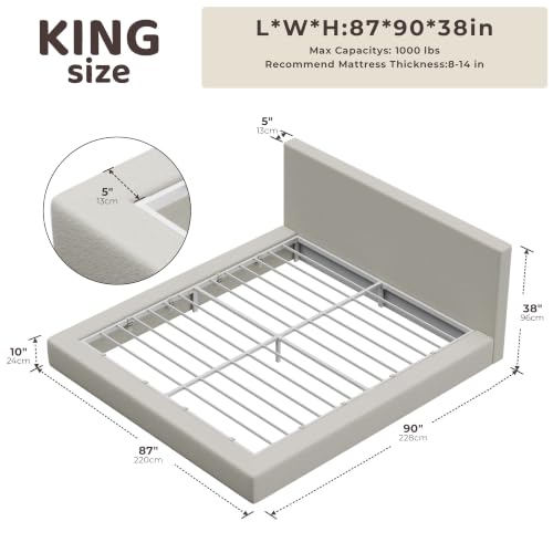 Image of RECCI AirFrame King Size Bed Frame with Headboard, Cloud Upholstered Platform Bed Frame, 5 Inch Foam Cushioned, No Box Spring, Easy Assembly(Cream Boucle)