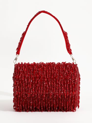 Image of THE TAN CLAN Rosa Red Flap Over Clutch Bag for Women- Elegant Evening Handbag, Purse, Perfect for Weddings, Parties & Special Occasions