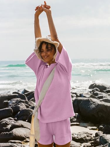 Image of Tankaneo Womens Short Sets 2 Piece Outfits 3 /4 Sleeve Tops and Elastic Waist Shorts Lounge Set Casual Loungewear