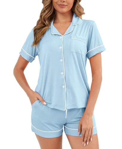 Image of Womens Pajamas Set Short Sleeve Sleepwear Button Down Pjs Shorts Set Soft Pjs Lounge Set With Pockets