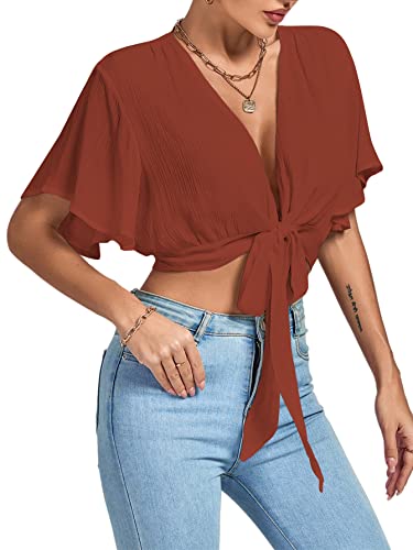 Image of LYANER Women's Sexy Deep V Neck Tie Front Wrap Cropped Blouse Bell Short Sleeve Ruffle Crop Tops