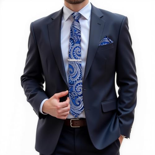 Image of DiBanGu Paisley Ties for Men Silk Necktie and Pocket Square Cufflinks Tie Clip Set Woven Classic Mens Tie for Wedding Party