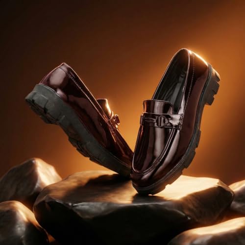 Image of Men's Premium Glossy Black Chunky Sole Loafers with Metal Accent | Fashion Slip-On Formal Casual Shoes