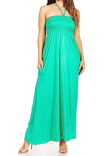 Image of Sakkas Soft Jersey Feel Solid Color Smocked Bodice String Halter Long Dress