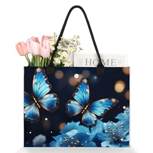 Butterfly Blue Flowers Tote Bag for Women Large Beach Bag Reusable Tote Bags for Work Travel Beach Shopping3