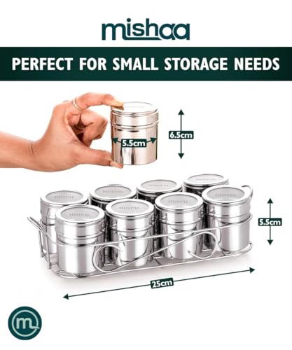 Image of Mishaa Steel Multipurpose Storage Containers - Perfect Organizer for Masala Spices, Herbs, Mouth Freshner, Dry Fruits, 130ml Each Airtight Containers with See-Through Lid (8IN1 RECTANGLE WIRESTAND)