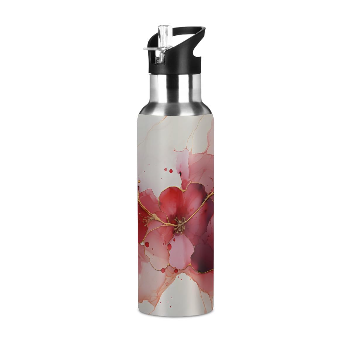Mexpekil Water Bottle with Straw Stainless Steel, Watercolor Poppy 600ml Insulated Leakproof Thermal Flask for Sports, Gym, Travel (20oz) — image 1