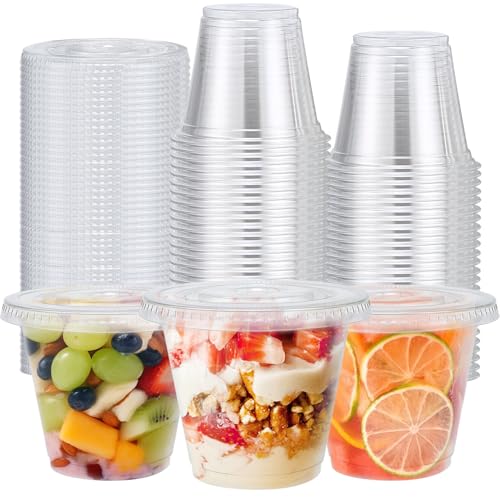 Clawsoff 50 Pack 9 oz Plastic Cups with Flat Lids Clear Parfait Cups No Hole Disposable Dessert Cup Putting Cup for Cold Drink Ice Cream Fruit Salad