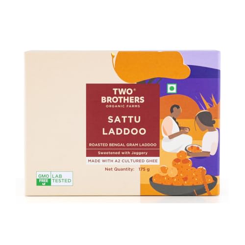 Image of TWO BROTHERS ORGANIC FARMS Sattu Laddoo (175 g) | Wholesome, Nutritious & Delicious | Made with Jaggery, Roasted Almonds & Desi Gir Cow Ghee | No Refined Sugar | High in Iron & Protein | Traditional & Guilt-Free Treat