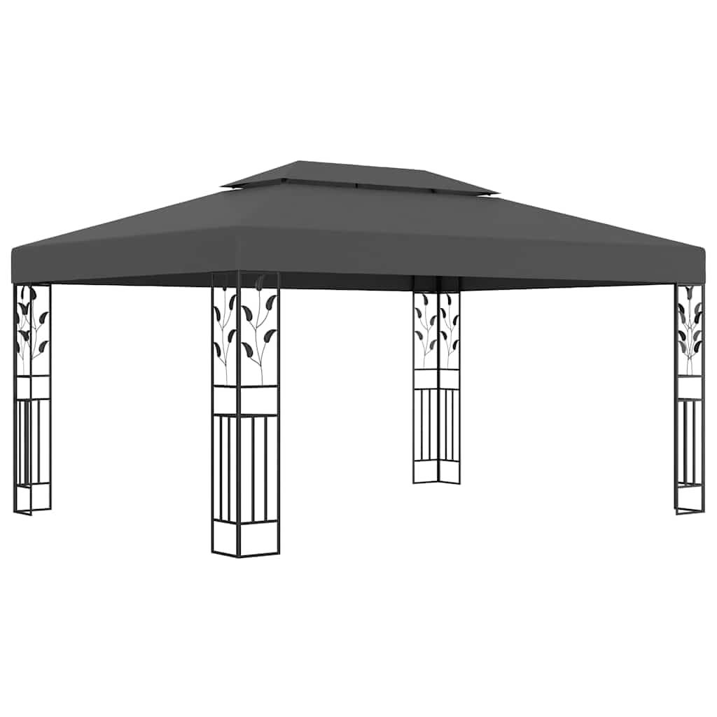 Pavillon 3x4 m Anthrazit mit Doppeldach aus Polyester & Solar LED Lichterkette Stahl Gestell Garten Grill Party Gazebo für Terrasse Balkon und Outdoor Events
