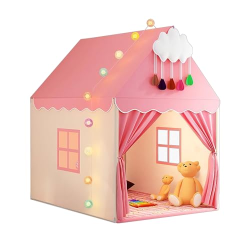 DPCC Pink Kids Play Tent with Mat, Cloud and Ball Lights Large Playhouse for Boys and Girls -Princess Tent for Bed- Indoor & Outdoor Toddler Camping Tent(Cloth Door & Metal Rack)