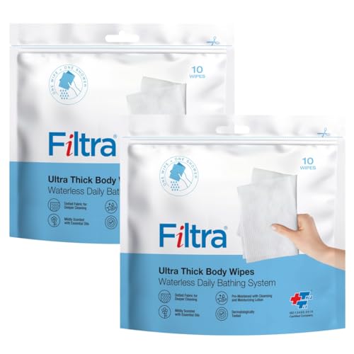 Image of FILTRA Ultra Thick Body Wipes | Bathing Wipes | Bed Bath | Bathing Wipes Pre-Moistened | Re-Sealable Zip Lock Pouch of 10 Wipes (2 Packs = 20 Wipes)