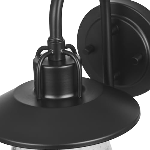 Image of Globe Electric 60000012 1-Light Outdoor Wall Sconce, Matte Black, 7 inch Seeded Glass Shade, Curved Stem, Porch Light, Wall Lighting, Patio Decor