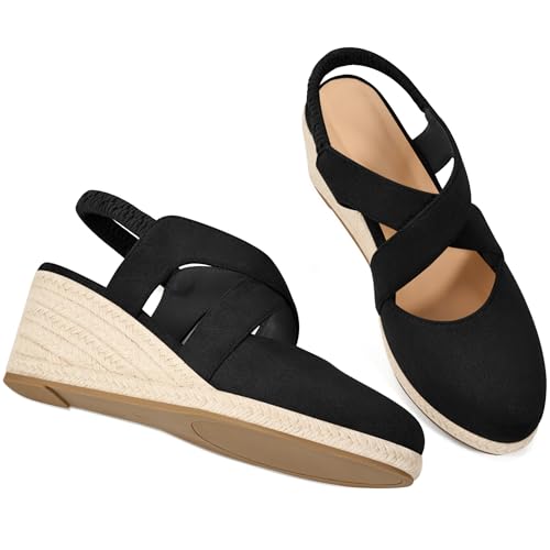 Image of HARENCE Espadrilles Wedge Sandals for Women: Comfortable Closed Toe Ankle Strap Elastic Shoes Summer Dressy Platform Heels