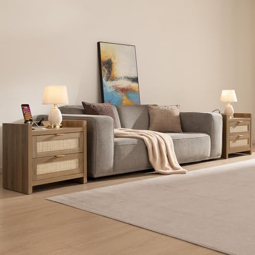 Image of SICOTAS Bed Night Stand Set of 2 - Rattan Nightstands with Type-C Charging Station, 2 Storage Drawers - Boho Bedside Tables End Table for Small Space - Natural Oak