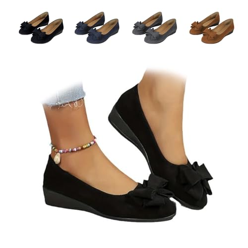 Women's Bow-Decorated Wedge Shoes, Comfortable Wedge Slip-On Shoes Low Heel Wedge Ladies Low Heel Work Ballerina Court Shoe (Black,7)