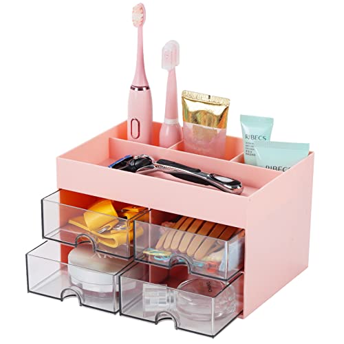 OSteed Desk Organizer, Desktop Storage Box with Drawers & Holders for Pen, Pencil, Makeup & Art Crafts (Rectangle, 4 Drawers, Pink)