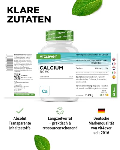 vit4ever Calcium - 400 Tabletten mit 800 mg Calcium aus Calciumcarbonat pro Tagesportion - Reicht für 6,6 Monate - Vegan, hochdosiert und ohne unnötige Zusätze